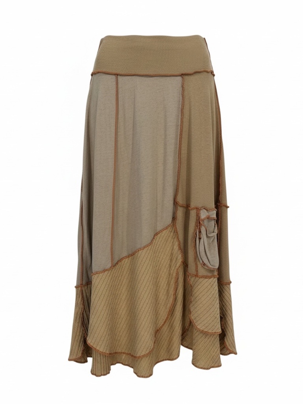 OOK Secret Lentil Comfy Artsy Patchwork Midi Maxi Skirt Taupe & Rust XL XXL